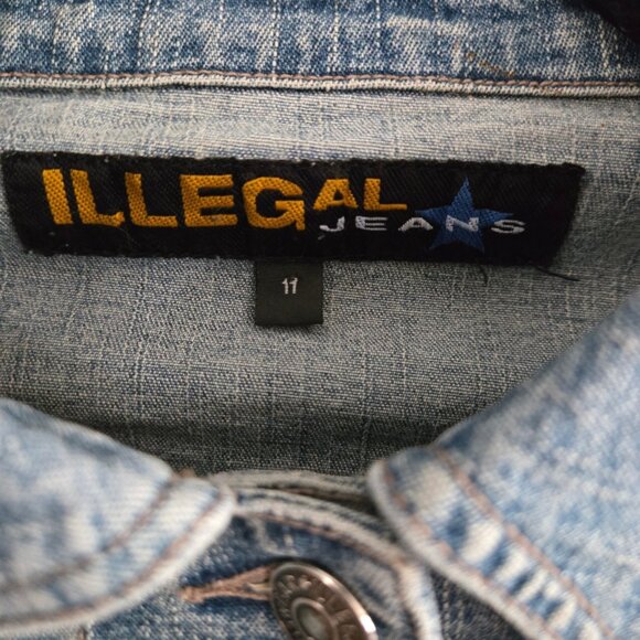 Y2K Denim Jean Jacket Crochet Trim Applique Size 11 Boho Fairy Grunge Stretch - Picture 7 of 13